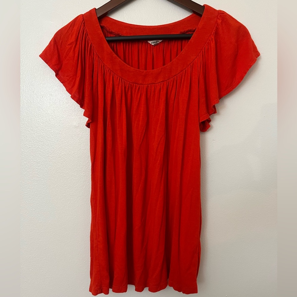 FOSSIL Red Orange Flowy Short Sleeve Top